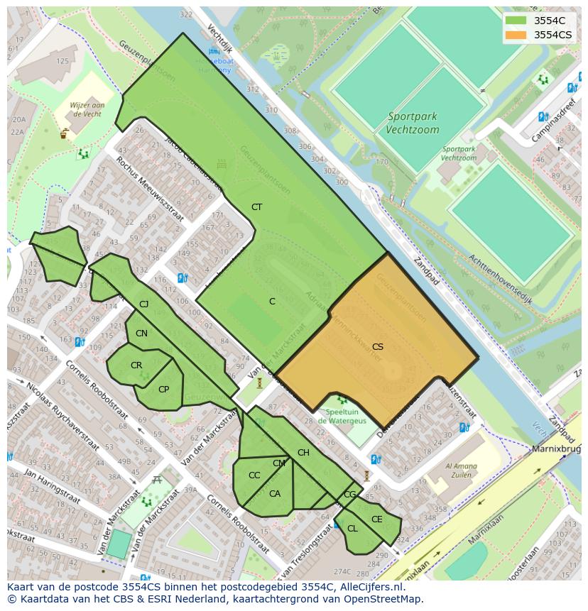 Afbeelding van het postcodegebied 3554 CS op de kaart.