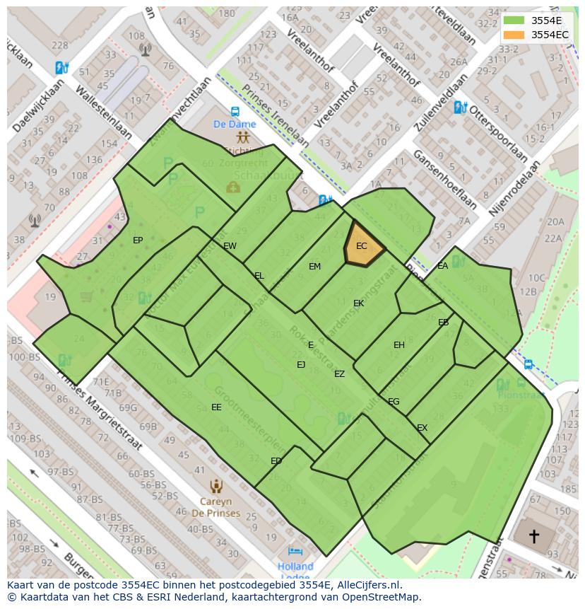 Afbeelding van het postcodegebied 3554 EC op de kaart.