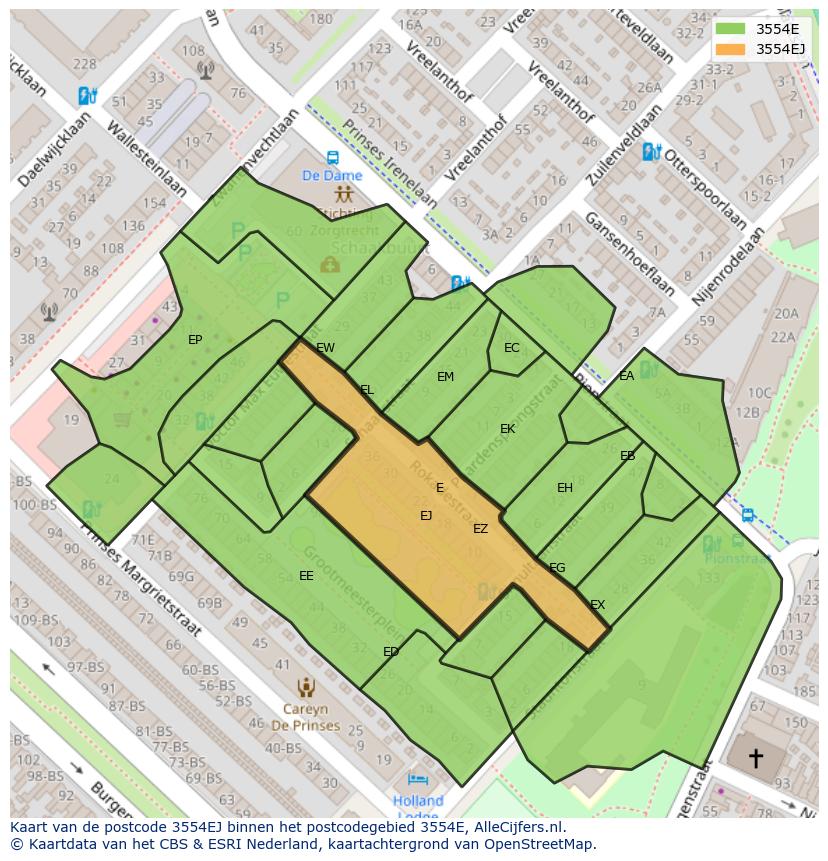 Afbeelding van het postcodegebied 3554 EJ op de kaart.