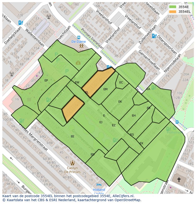 Afbeelding van het postcodegebied 3554 EL op de kaart.