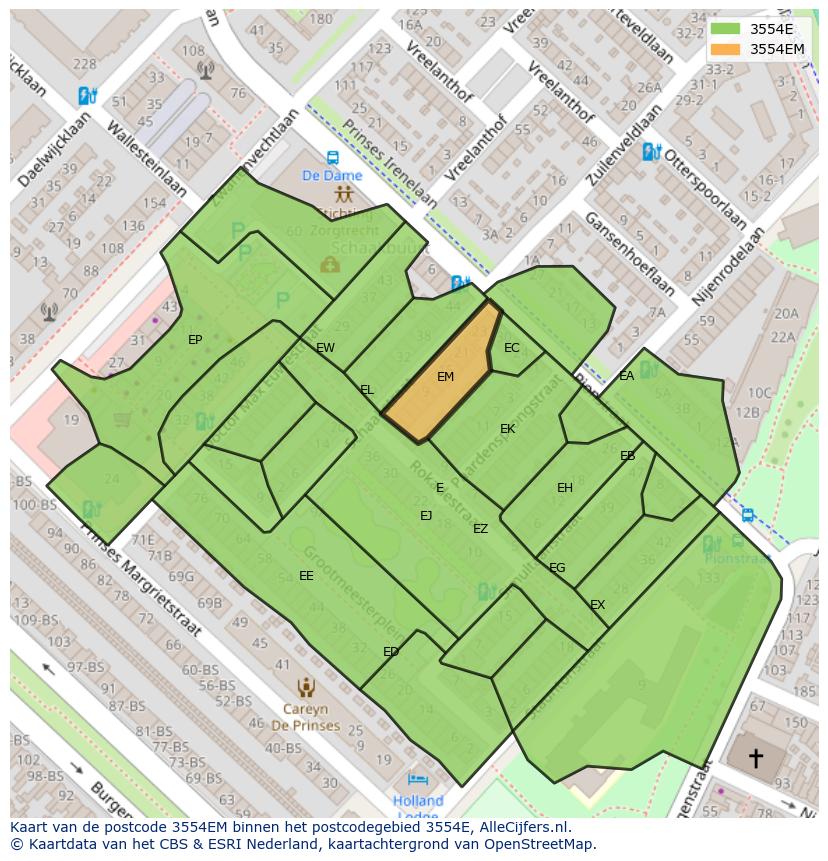 Afbeelding van het postcodegebied 3554 EM op de kaart.