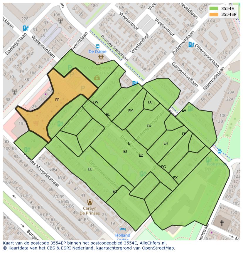 Afbeelding van het postcodegebied 3554 EP op de kaart.