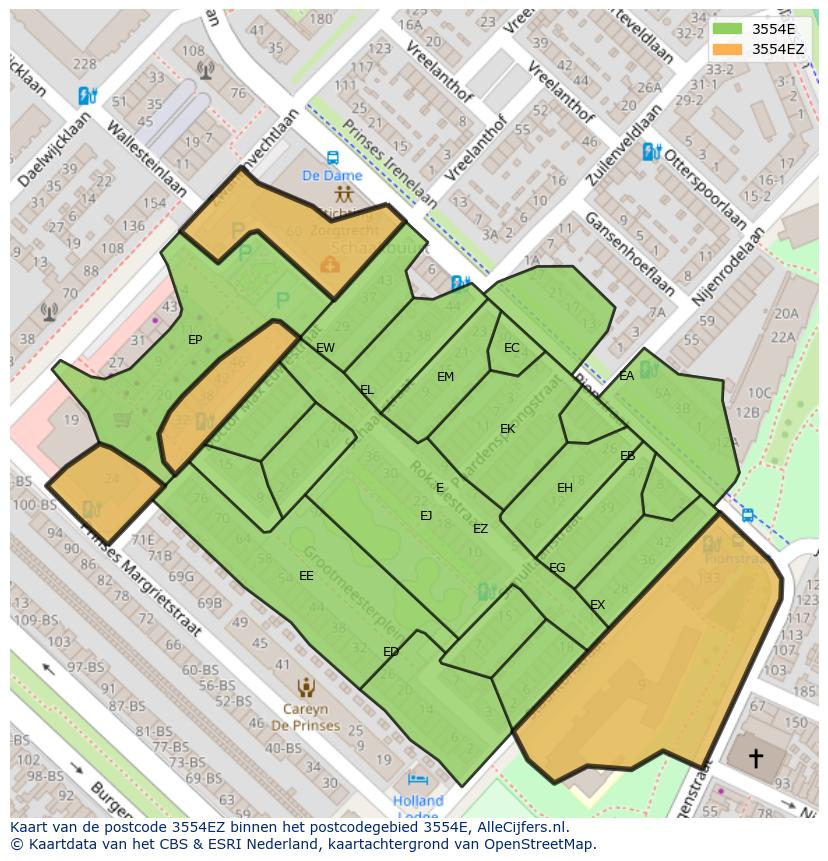 Afbeelding van het postcodegebied 3554 EZ op de kaart.