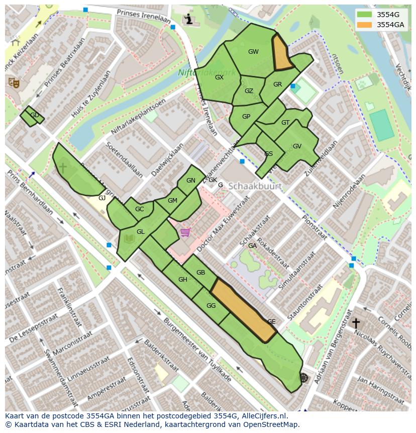 Afbeelding van het postcodegebied 3554 GA op de kaart.