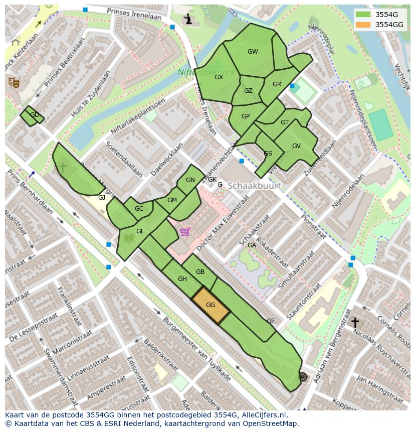 Afbeelding van het postcodegebied 3554 GG op de kaart.