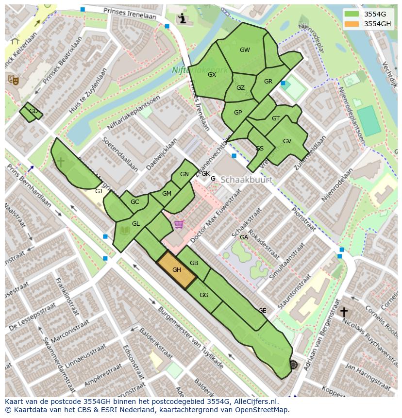 Afbeelding van het postcodegebied 3554 GH op de kaart.