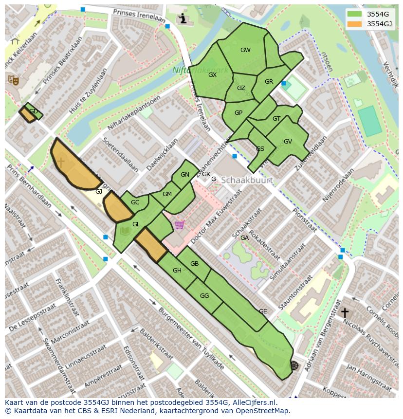 Afbeelding van het postcodegebied 3554 GJ op de kaart.