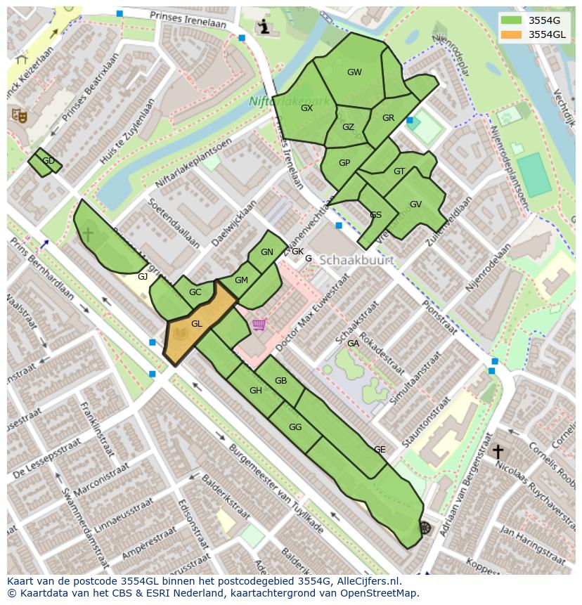 Afbeelding van het postcodegebied 3554 GL op de kaart.