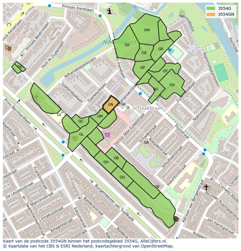 Afbeelding van het postcodegebied 3554 GN op de kaart.