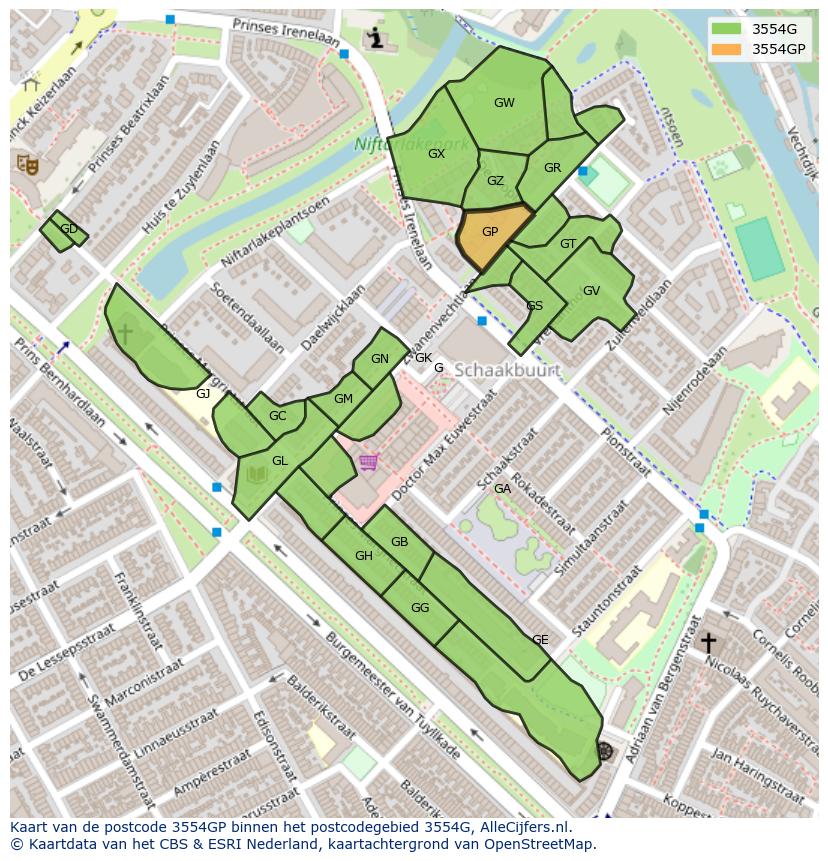 Afbeelding van het postcodegebied 3554 GP op de kaart.