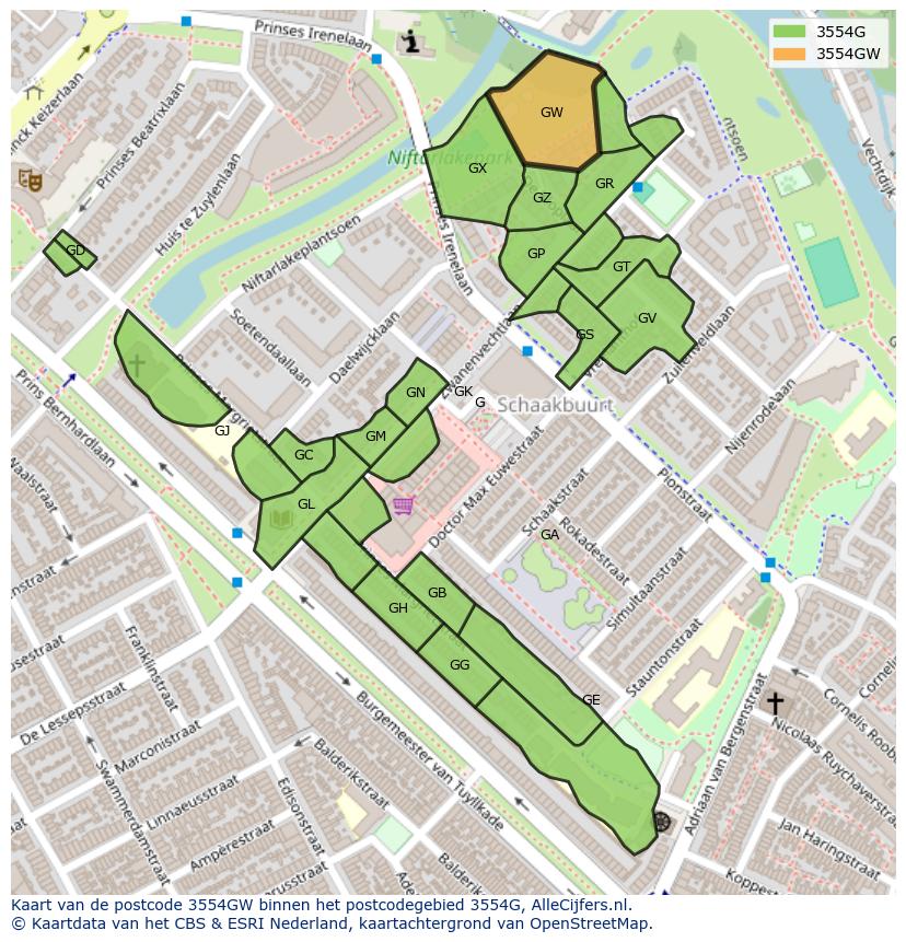 Afbeelding van het postcodegebied 3554 GW op de kaart.