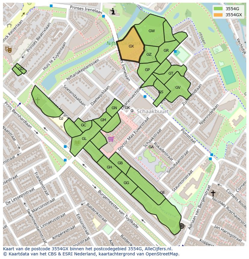 Afbeelding van het postcodegebied 3554 GX op de kaart.