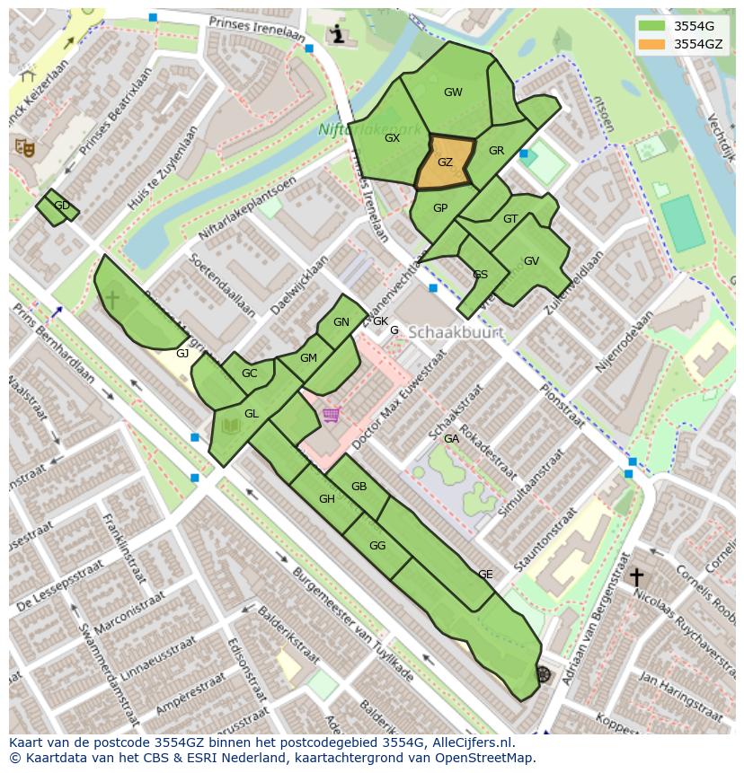 Afbeelding van het postcodegebied 3554 GZ op de kaart.