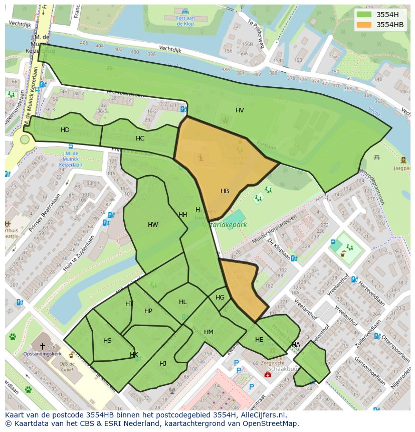 Afbeelding van het postcodegebied 3554 HB op de kaart.