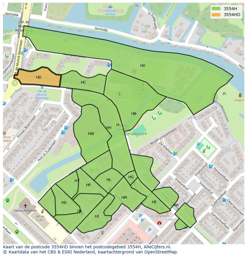 Afbeelding van het postcodegebied 3554 HD op de kaart.