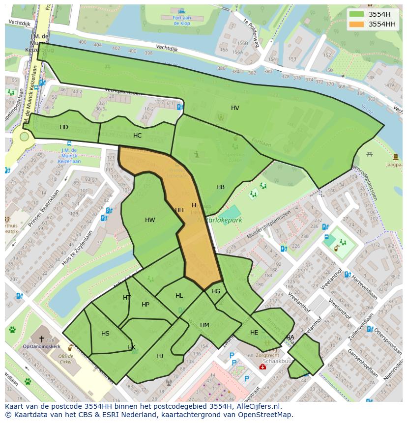 Afbeelding van het postcodegebied 3554 HH op de kaart.