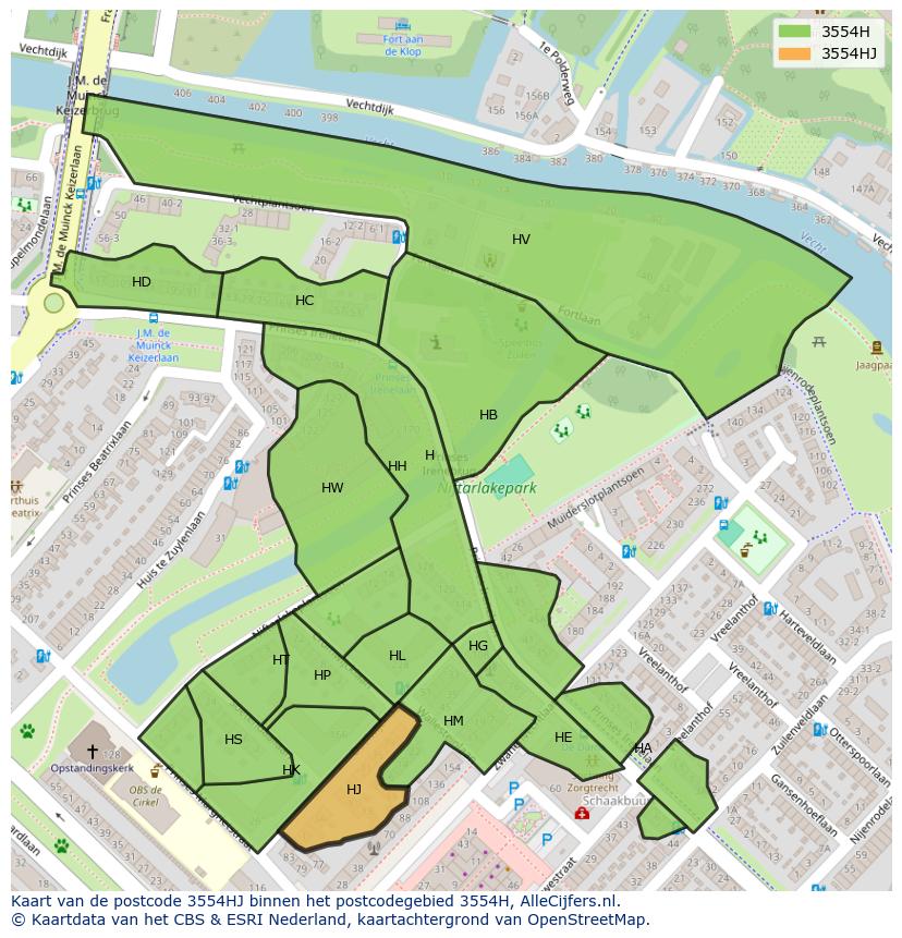 Afbeelding van het postcodegebied 3554 HJ op de kaart.