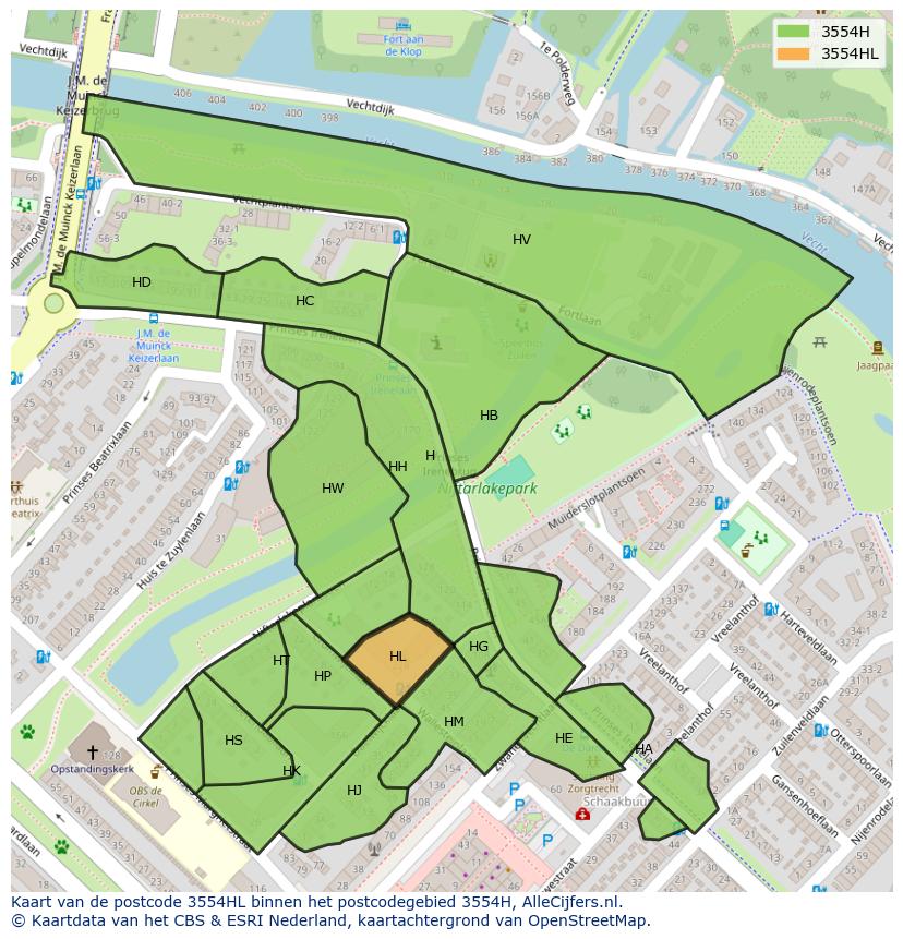 Afbeelding van het postcodegebied 3554 HL op de kaart.