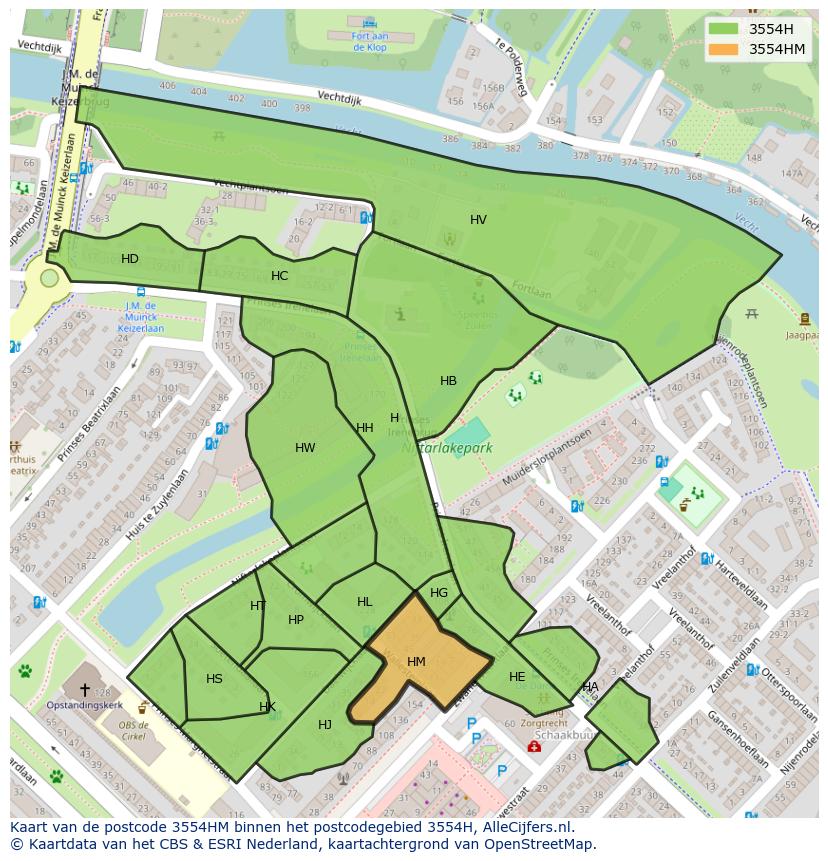 Afbeelding van het postcodegebied 3554 HM op de kaart.