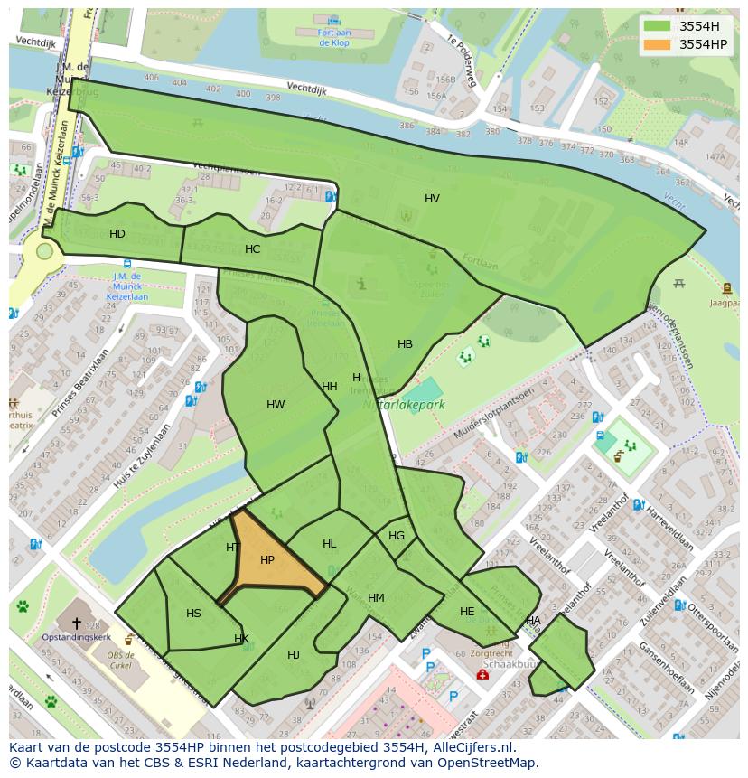 Afbeelding van het postcodegebied 3554 HP op de kaart.