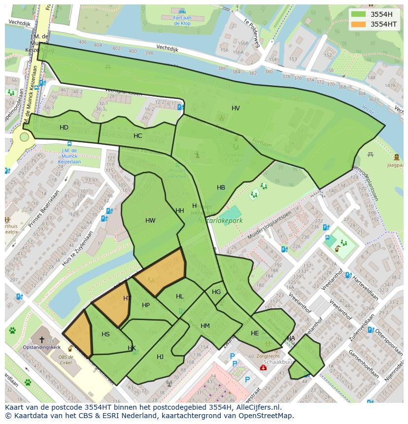 Afbeelding van het postcodegebied 3554 HT op de kaart.