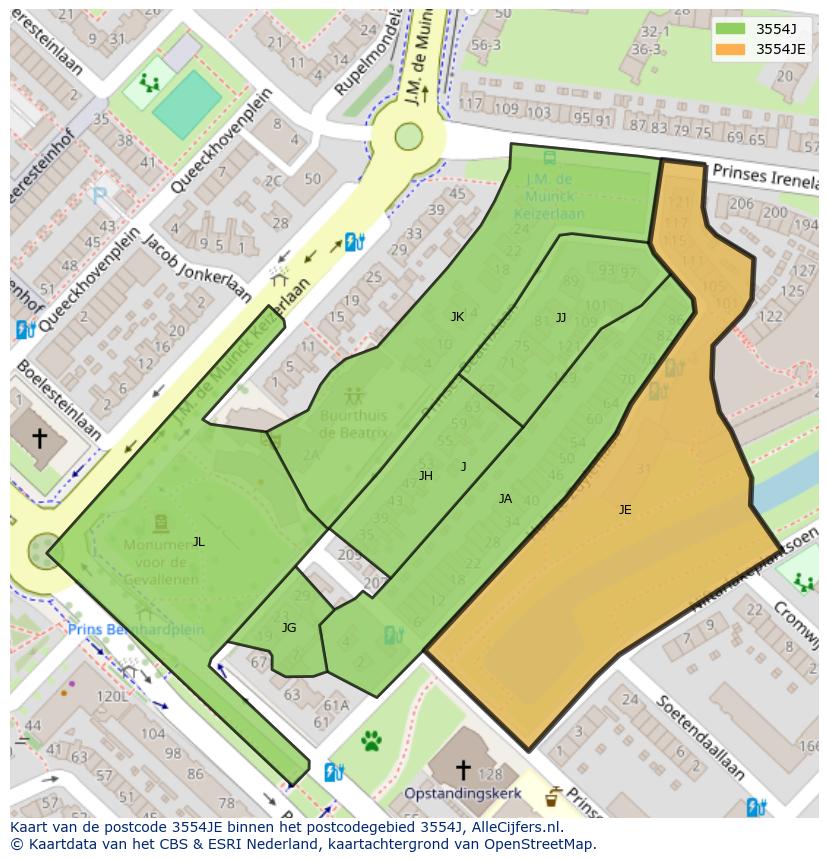 Afbeelding van het postcodegebied 3554 JE op de kaart.