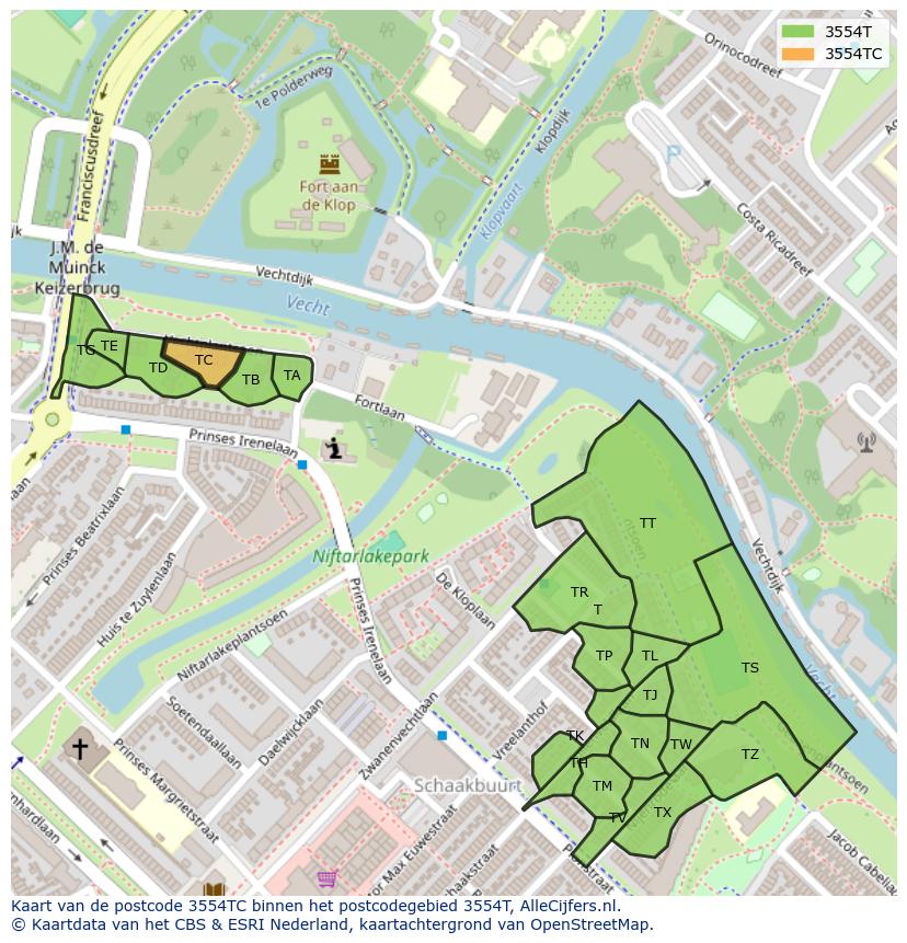 Afbeelding van het postcodegebied 3554 TC op de kaart.