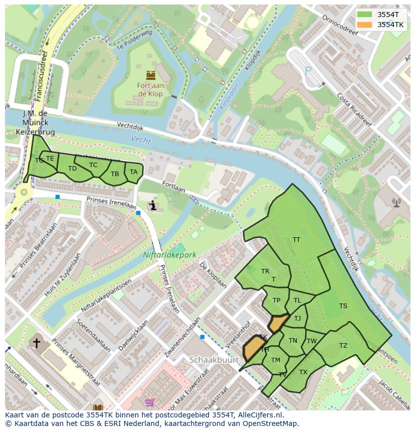 Afbeelding van het postcodegebied 3554 TK op de kaart.
