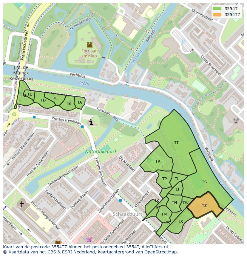 Afbeelding van het postcodegebied 3554 TZ op de kaart.