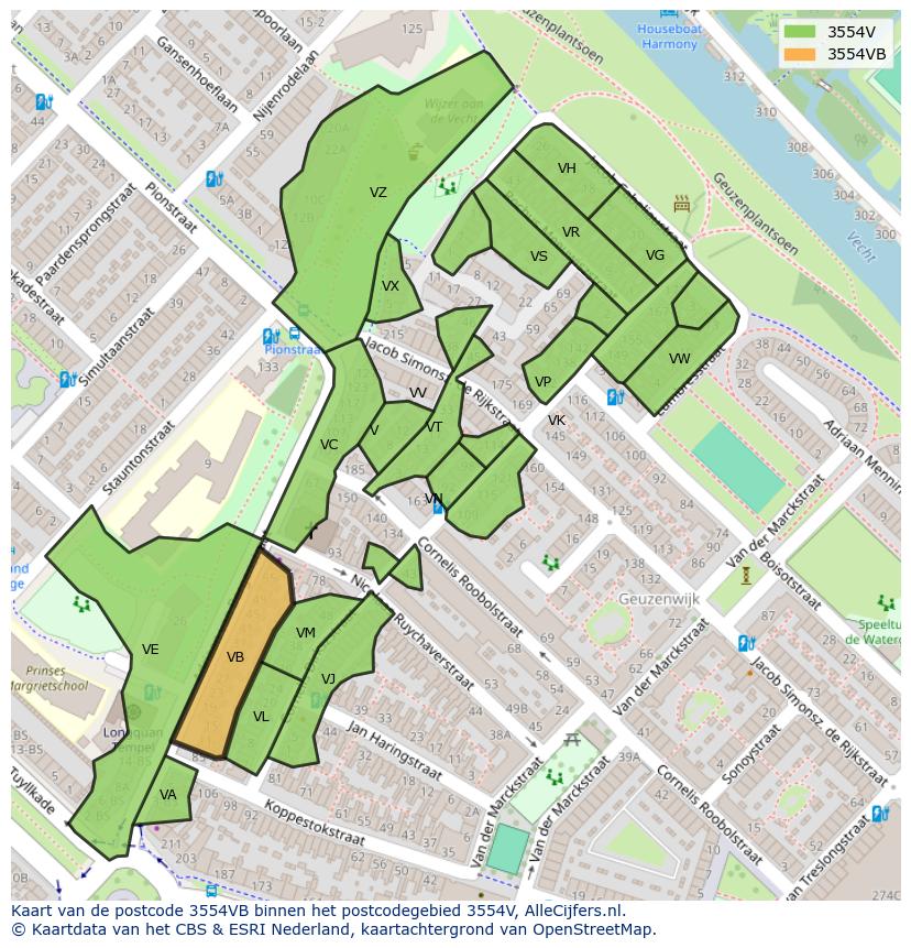 Afbeelding van het postcodegebied 3554 VB op de kaart.