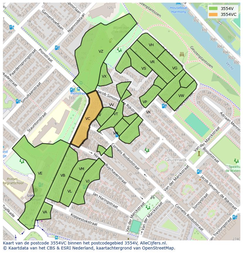 Afbeelding van het postcodegebied 3554 VC op de kaart.