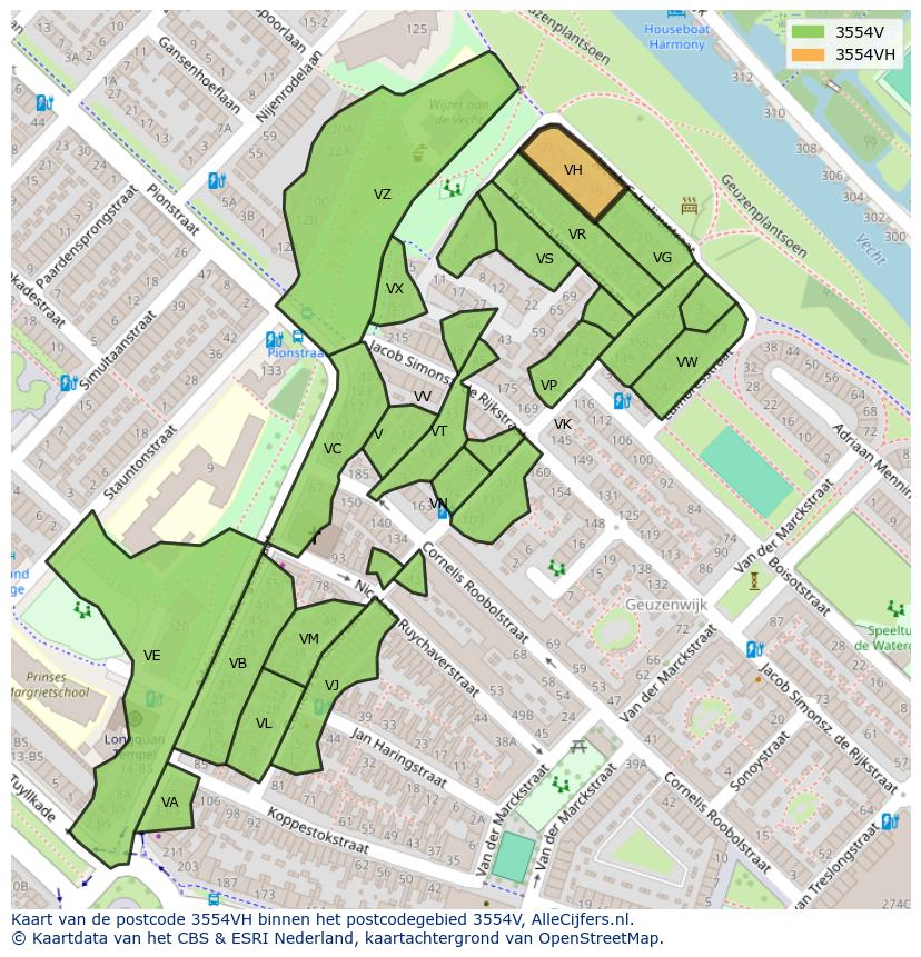 Afbeelding van het postcodegebied 3554 VH op de kaart.