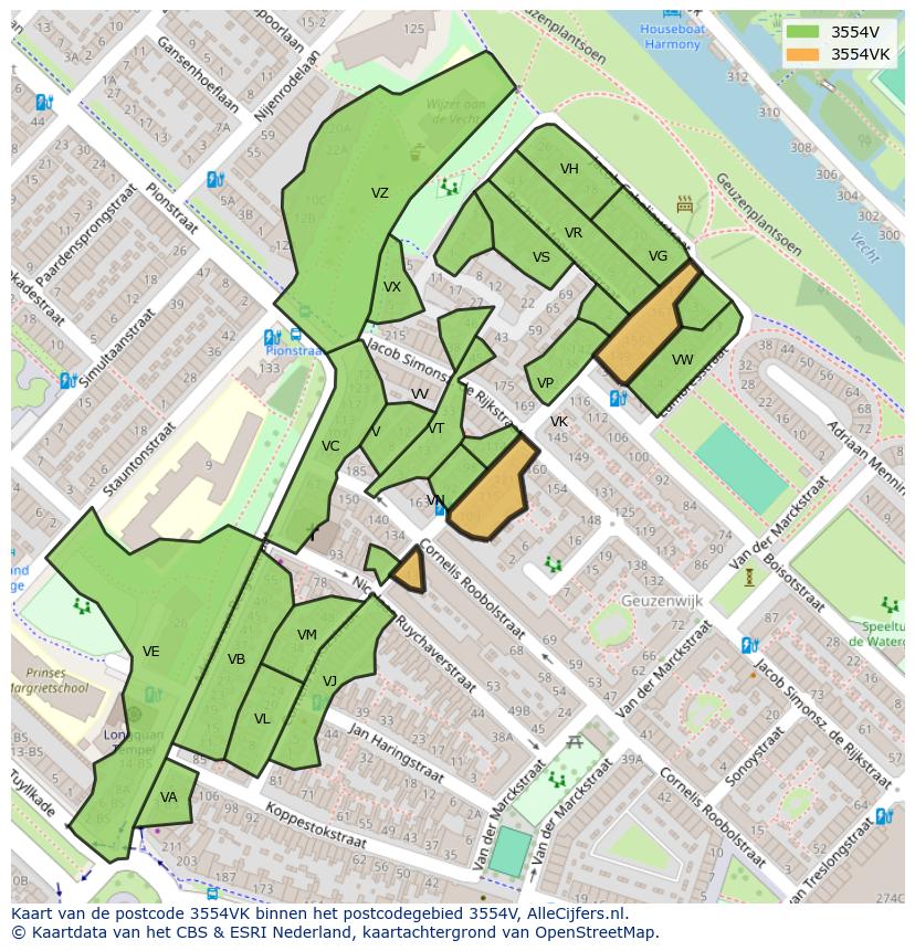 Afbeelding van het postcodegebied 3554 VK op de kaart.