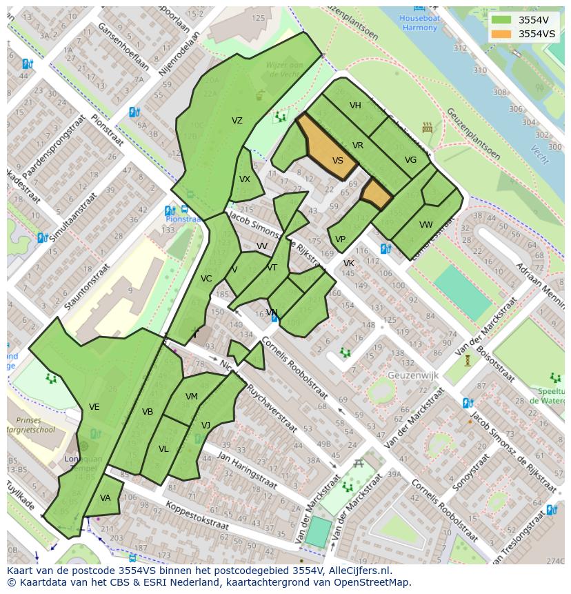 Afbeelding van het postcodegebied 3554 VS op de kaart.