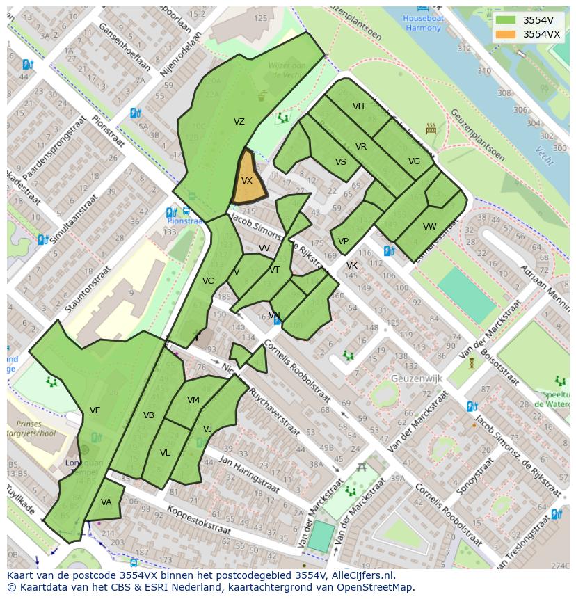 Afbeelding van het postcodegebied 3554 VX op de kaart.