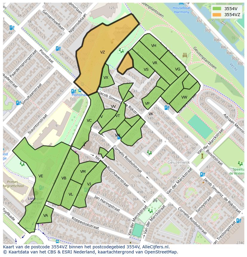 Afbeelding van het postcodegebied 3554 VZ op de kaart.