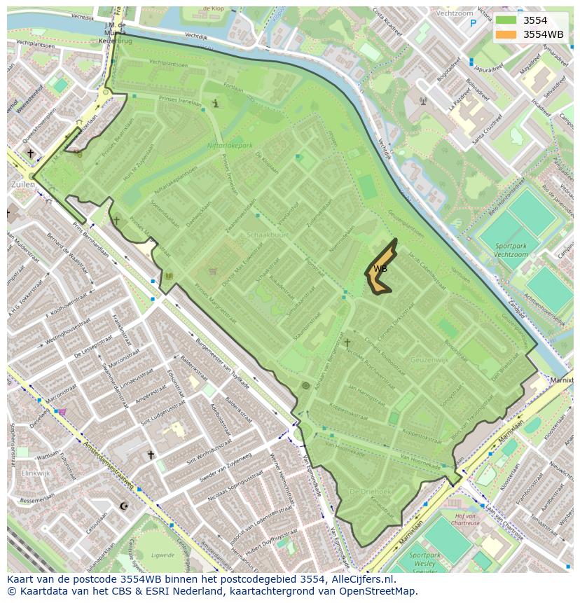 Afbeelding van het postcodegebied 3554 WB op de kaart.