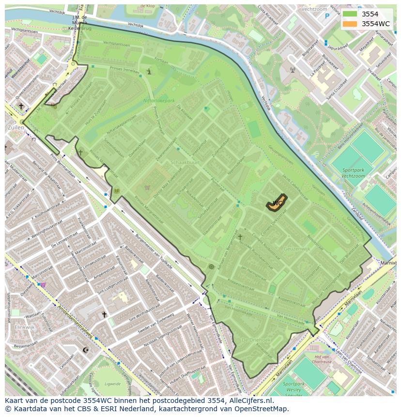 Afbeelding van het postcodegebied 3554 WC op de kaart.