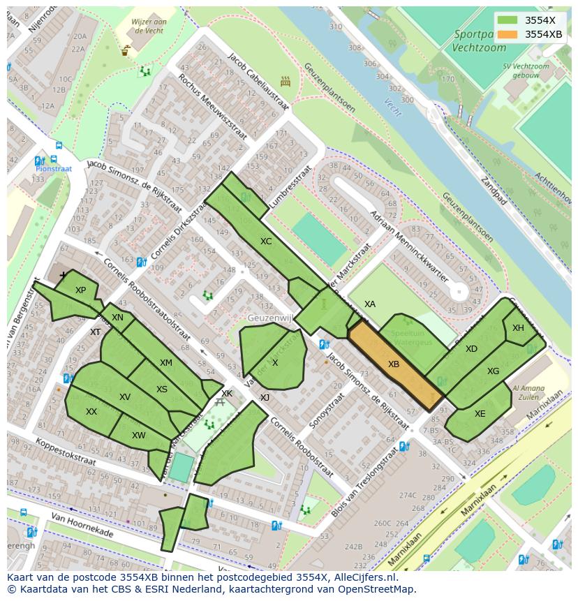 Afbeelding van het postcodegebied 3554 XB op de kaart.