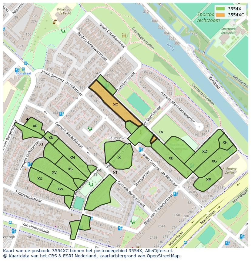 Afbeelding van het postcodegebied 3554 XC op de kaart.