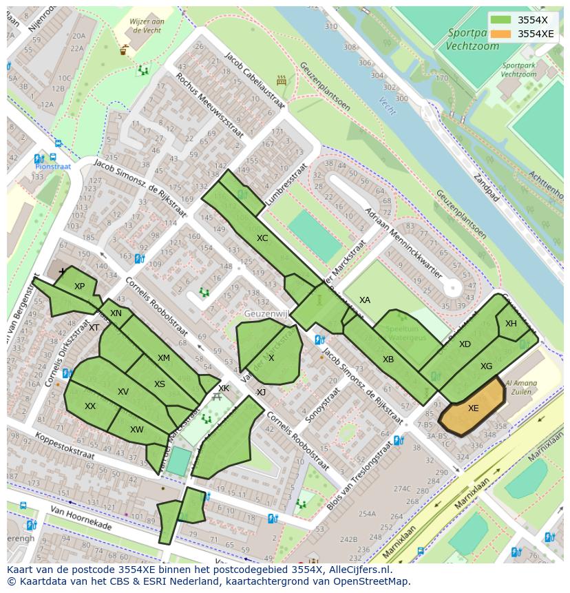 Afbeelding van het postcodegebied 3554 XE op de kaart.