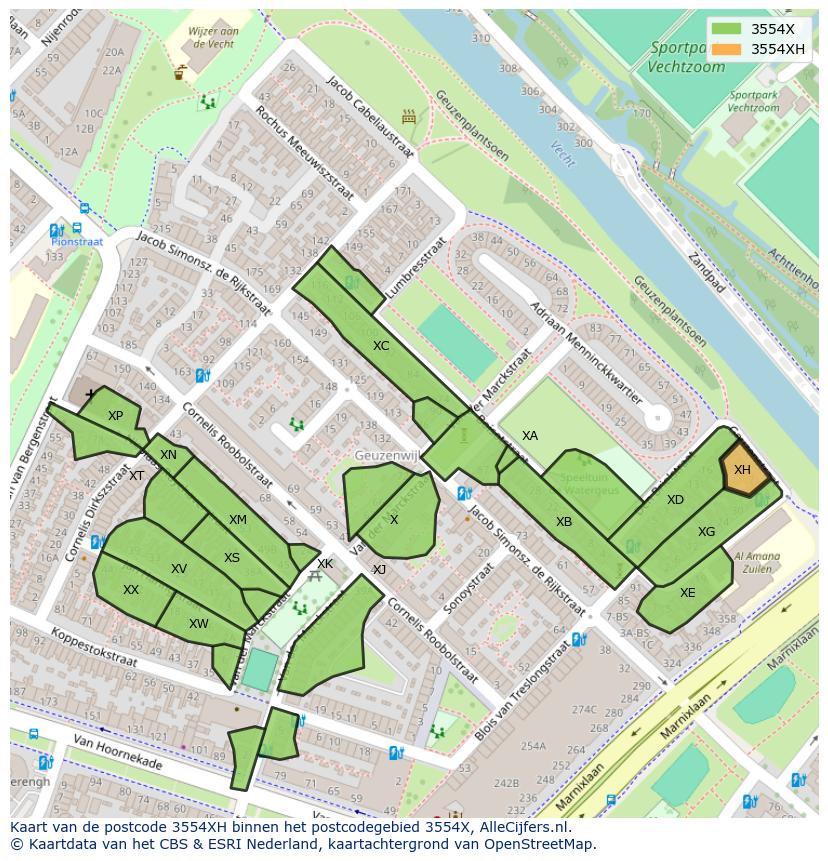 Afbeelding van het postcodegebied 3554 XH op de kaart.