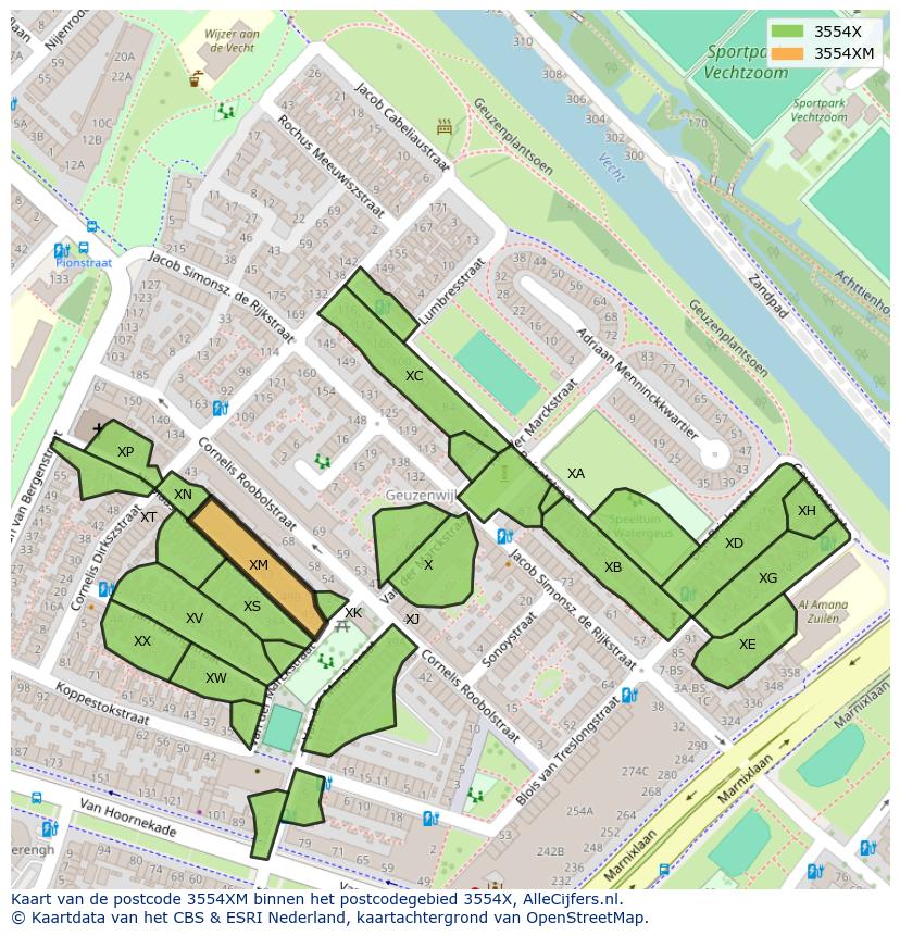 Afbeelding van het postcodegebied 3554 XM op de kaart.