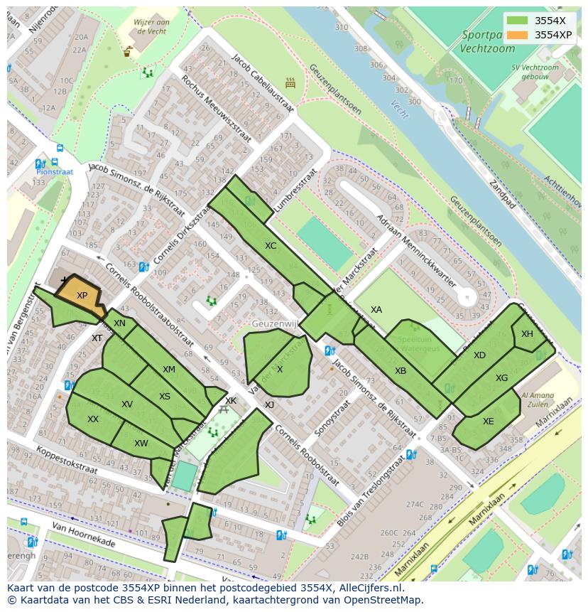 Afbeelding van het postcodegebied 3554 XP op de kaart.