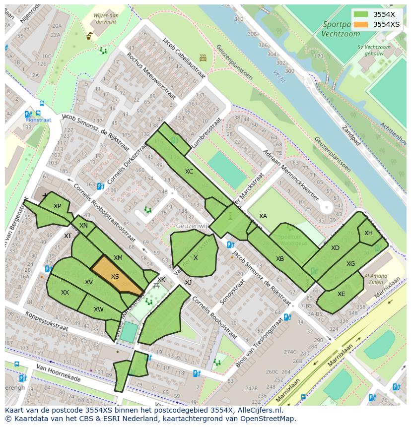 Afbeelding van het postcodegebied 3554 XS op de kaart.