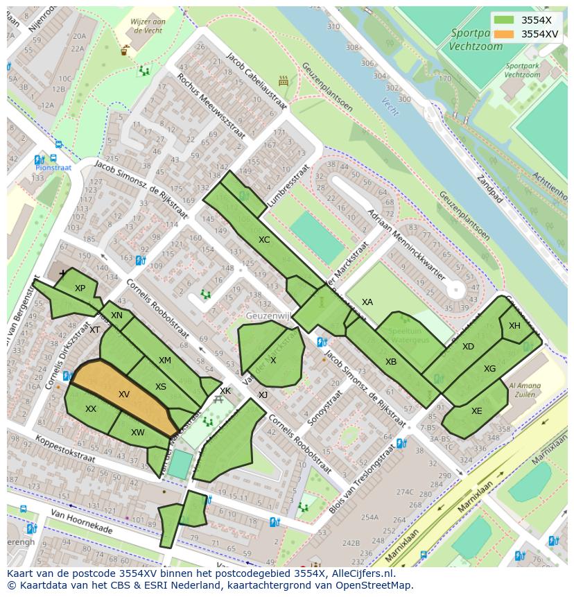 Afbeelding van het postcodegebied 3554 XV op de kaart.
