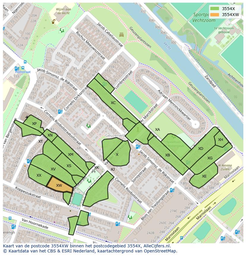 Afbeelding van het postcodegebied 3554 XW op de kaart.