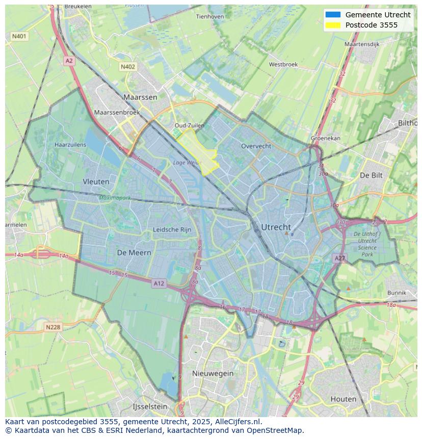Afbeelding van het postcodegebied 3555 op de kaart.