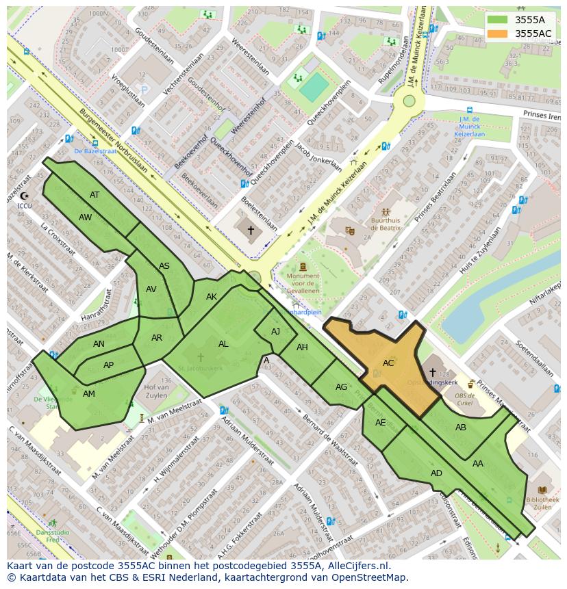 Afbeelding van het postcodegebied 3555 AC op de kaart.