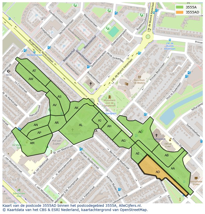 Afbeelding van het postcodegebied 3555 AD op de kaart.